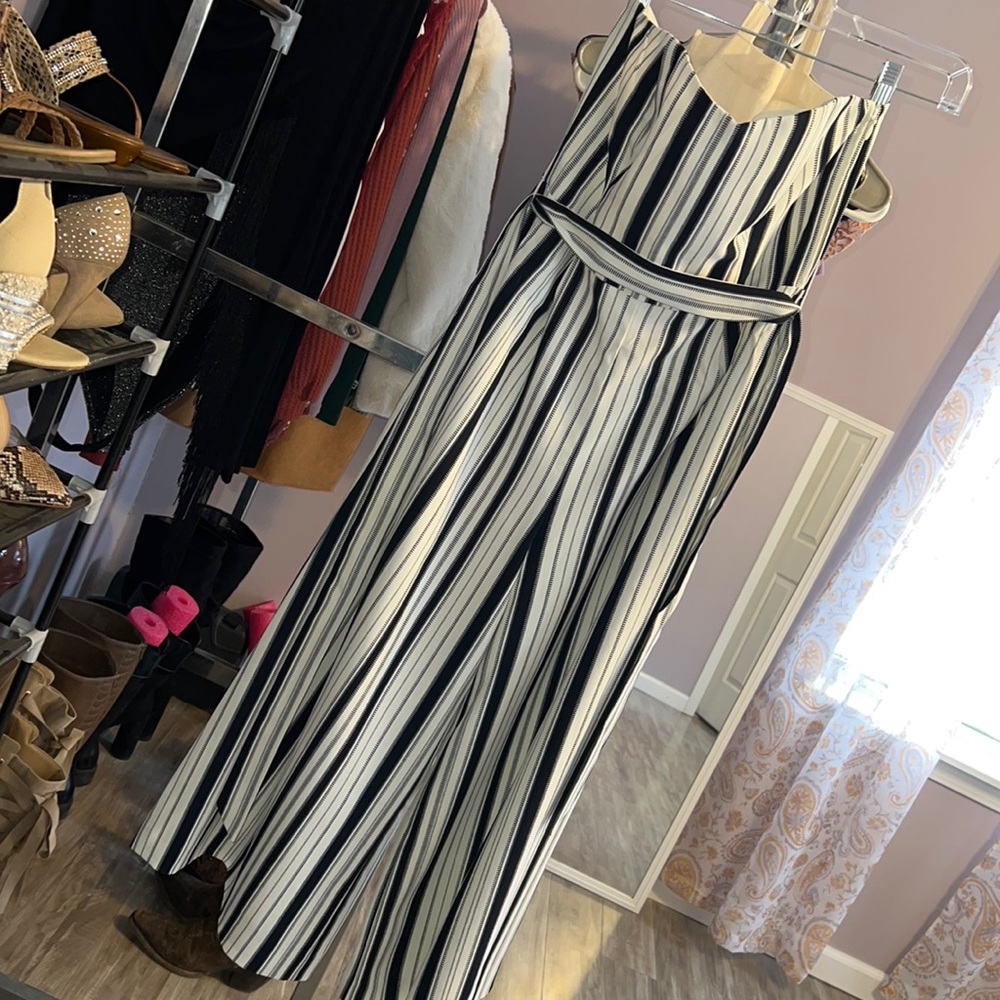 White and Navy striped, wide leg, capri length, strapless jumpsuit from H&M